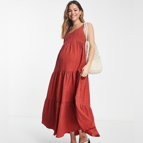 ASOS DESIGN Maternity shirred maxi sundress with tiers in rust size 4US - Picture 1 of 13